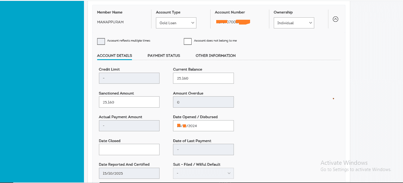 CIBIL credit report account details showing error fields