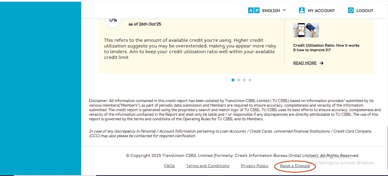 Screenshot showing the raise dispute link inside CIBIL dashboard