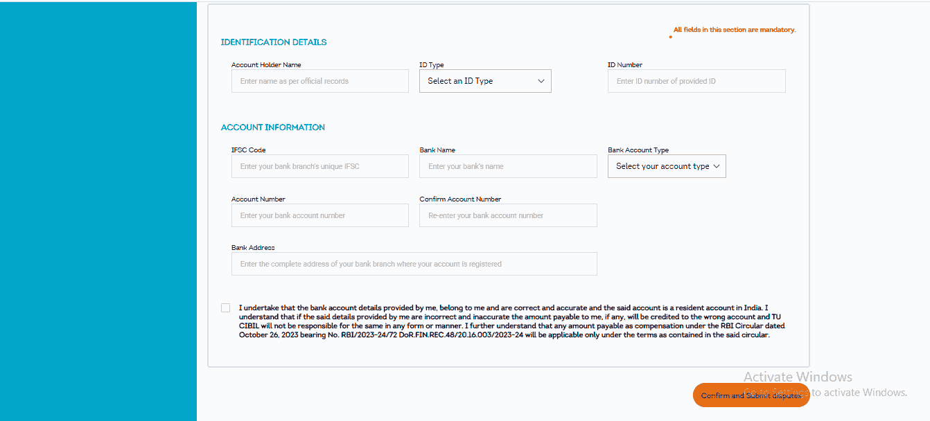 RBI-related identification and bank details form shown before final submission